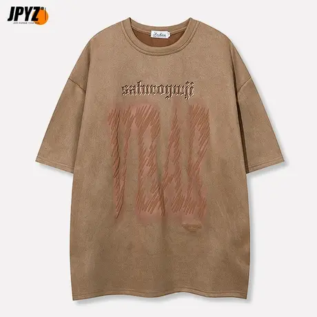 麂皮绒棕色短袖t恤男半袖复古潮牌宽松情侣短袖五分袖上衣女体恤商品大图