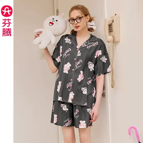 芬腾布朗熊睡衣女夏季薄款冰丝短袖套装卡通少女可爱仿真丝家居服商品大图