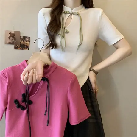 新中式国风盘扣短款不规则镂空短袖T恤女夏修身辣妹纯欲半袖上衣商品大图