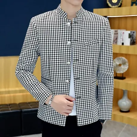 秋季外套上衣男士韩版潮流千鸟格立领西装帅气格子休闲中山装夹克商品大图