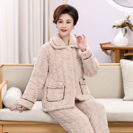 婷美中老年睡衣女三层夹棉冬季妈妈珊瑚绒加绒加厚保暖家居服套装商品大图