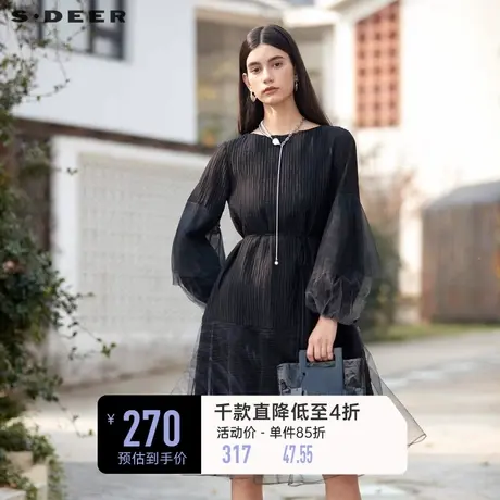 sdeer圣迪奥女装春装新品静奢风圆领肌理收腰网纱连衣裙S24161210图片