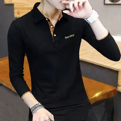 男t恤修身秋衣潮流夏季棉感秋季男士Polo衫长袖上衣 翻领秋装衣服商品大图