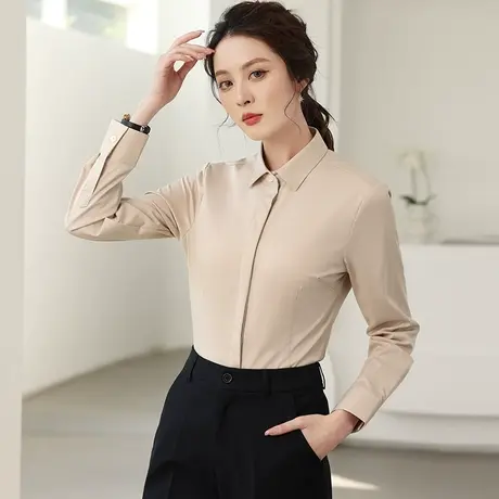 衬衫女韩版百搭简约气质咖色面试工作服上衣工装制服长袖衬衣春新商品大图