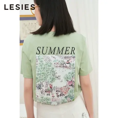 LESIES蓝色倾情春夏女装线下专柜薄荷绿圆领夏日胶印绣花T恤商品大图