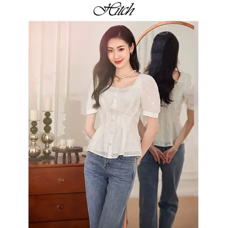希区瑞普高级感法式小衫2023夏季新款镂空方领刺绣收腰露锁骨上衣商品大图