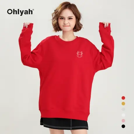 Ohlyah品牌 oversize卫衣女红色纯棉圆领牛年潮牌上衣休闲情侣装商品大图