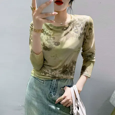 晕染印花网纱T恤女长袖2023夏季新款薄款防晒衫洋气修身圆领上衣商品大图