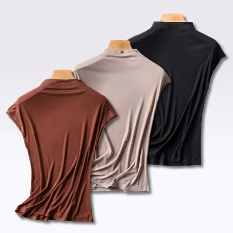 莫代尔螺纹半高领无袖短袖t恤女夏季新款修身黑色打底衫内搭上衣商品大图