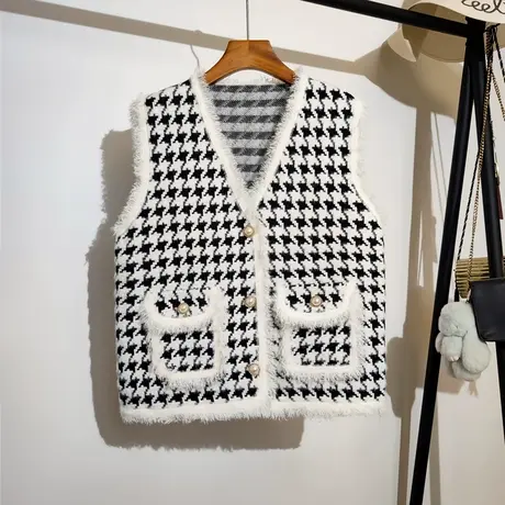 小香风针织开衫马甲女秋冬新款宽松v领千鸟格子毛衣背心马夹外套商品大图