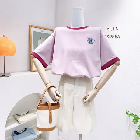 韩国东大门减龄短袖上衣2023夏季新款ins刺绣小象拼色纯棉T恤清爽商品大图