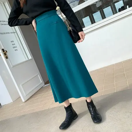 秋冬季配毛衣2022新款女中长款毛线包臀裙高腰显瘦A字针织半身裙图片