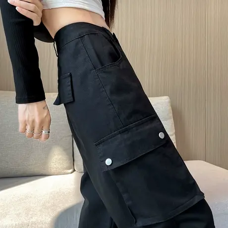 黑色美式复古辣妹工装裤女秋季新款多口袋高腰宽松直筒阔腿休闲裤商品大图