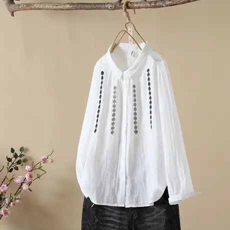 日系长袖衬衫女2023秋季新款长袖小黑花刺绣双层棉纱上衣外套休闲商品大图