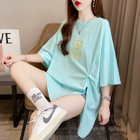 设计感小众短袖t恤女夏季韩版宽松大码中长款不规则开叉上衣服潮商品大图