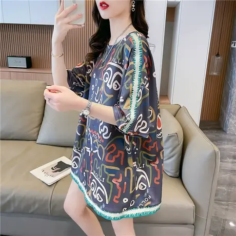 小众设计感短袖t恤女夏季韩版宽松大码女装中长款涂鸦半袖上衣服图片