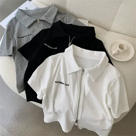 Polo领t恤女修身高腰短款显瘦半截袖开衫双拉链短袖上衣设计感夏商品大图