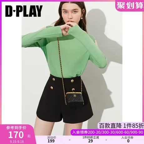 DPLAY2023秋装新时尚气质经典黑高腰双排金属扣小个子A字短裤图片