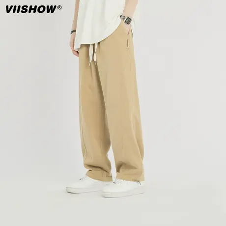 VIISHOW卡其纯棉裤子男士春秋季休闲长裤男款垂感阔腿宽松直筒裤商品大图