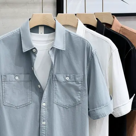中袖衬衫外穿男士日系工装春夏季休闲纯棉潮流宽松五分短袖衬衣男商品大图
