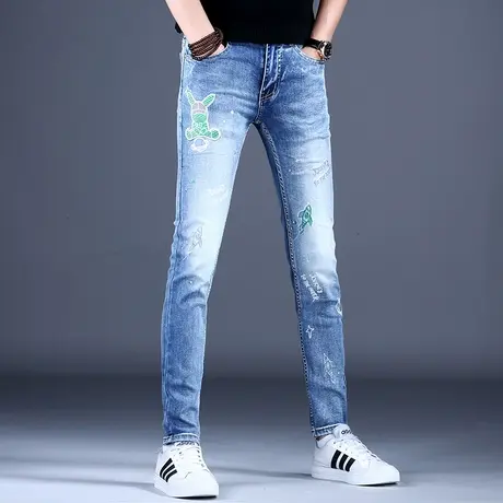 男士印花牛仔裤男款修身小脚裤子秋季潮流弹力紧身2023新款休闲裤商品大图