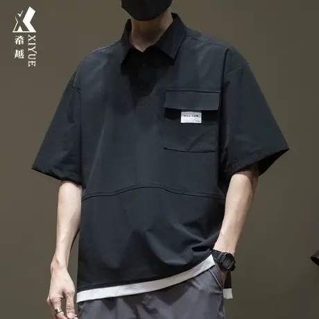 希越假两件冰丝Polo衫男短袖大码速干衬衣男款潮流日系免烫衬衫t商品大图