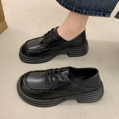 复古英伦风小皮鞋女2023年新款春秋季系带单鞋韩版平底大码乐福鞋商品大图