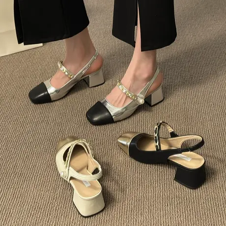 凉鞋女仙女风2023年新款百搭包头小香风玛丽珍鞋女法式中跟半拖夏图片
