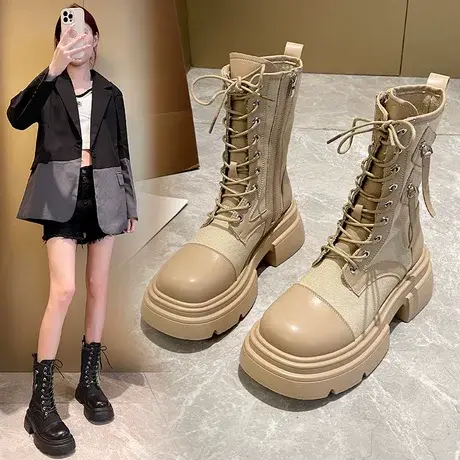 马丁靴女英伦风2023年新款厚底黑色短靴春秋单靴机车炸街瘦瘦靴子商品大图