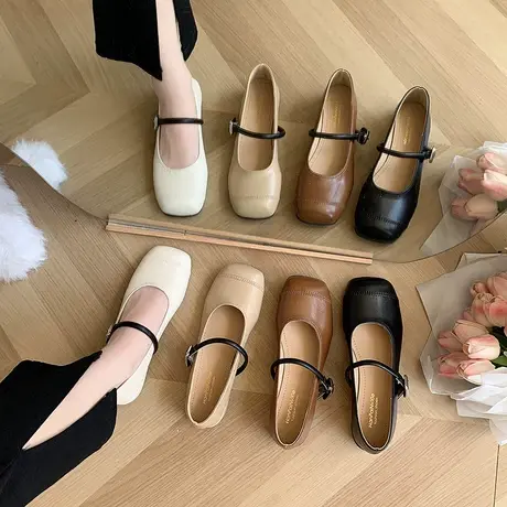 一字扣带圆头浅口单鞋女2023秋季新款韩版气质配裙软底通勤晚风鞋图片