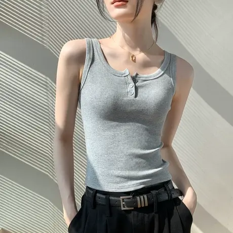 纽扣吊带背心女2023夏新款纯色紧身内搭bm美式复古无袖打底上衣潮图片