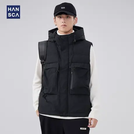 hansca机能风连帽工装羽绒马甲男冬季美式潮牌痞帅纯色大口袋外套图片