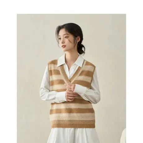 【商场同款】茵曼宽条纹马甲2023秋季女装新款交叉V领针织毛衫图片