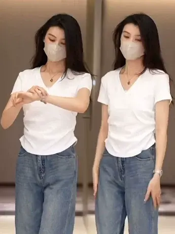 白色v领正肩短袖t恤女夏季短款修身显瘦不规则大领口重磅纯棉上衣商品大图