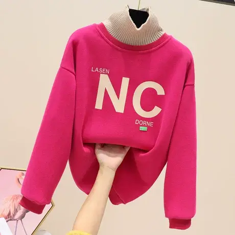 加绒卫衣女2023新款冬季加厚宽松韩版女士套头高领中长款字母外套图片