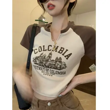 小众独特短款上衣女修身辣妹夏季高腰百搭体恤美式复古短袖t恤女商品大图
