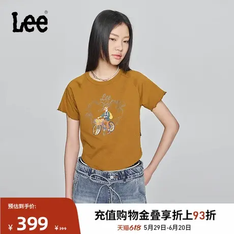 Lee商场同款25春夏新舒适版圆领插肩袖手绘图案印花棕色女短袖T恤图片