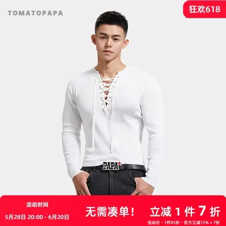 TOMATOPAPA秋冬长袖t恤针织衫绑绳V领潮流打底衫弹力修身毛织上衣商品大图