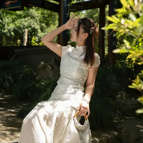 国风复古立领连衣裙女夏季2025年新款修身斜襟长裙盘扣新中式旗袍图片