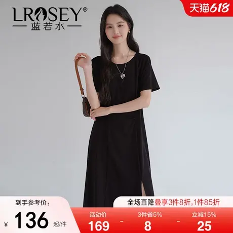 【舒适奥代尔针织小黑裙】蓝若水大码2025夏装新款显瘦开叉连衣裙图片