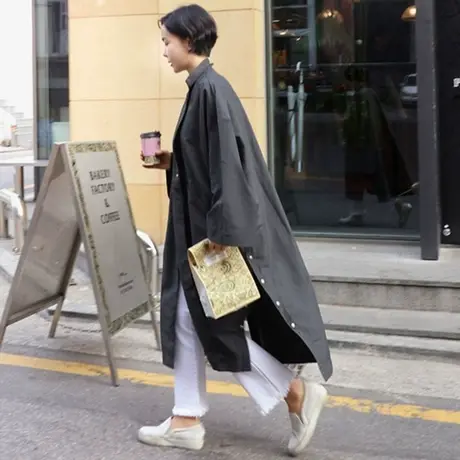 纯诗曼早秋新款薄款风衣女中长款韩版宽松大码时尚西装领纯色外套商品大图