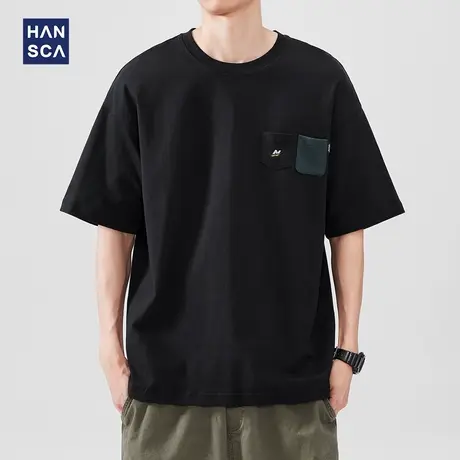 hansca 220g轻薄多口袋短袖t恤男款2025夏季撞色刺绣休闲纯棉上衣商品大图