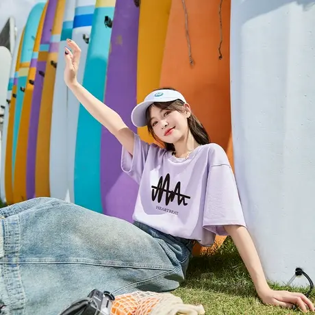 唐狮夏季新款女短袖T恤圆领前胸线条简约时尚百搭日常休闲G商品大图