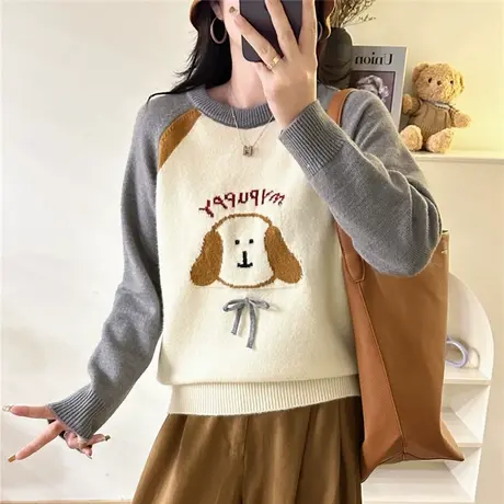 冬季女士拼色毛衣女款2024新款慵懒高级感秋冬打底衫上衣洋气百搭商品大图