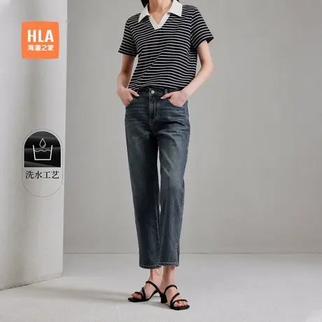 HLA/海澜之家通勤中腰直筒牛仔裤春夏新款五袋款猫须九分裤子女装商品大图