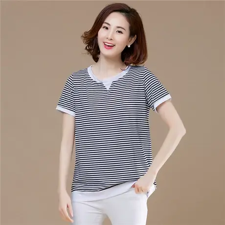 条纹短袖T恤女全棉夏季加肥加大码女装宽松显瘦中年妈妈圆领体恤商品大图