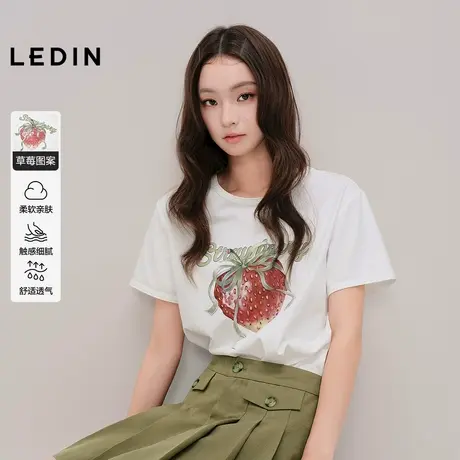 【商场同款】乐町草莓印花宽松短袖早秋新款上衣圆领T恤C1CNF3144商品大图