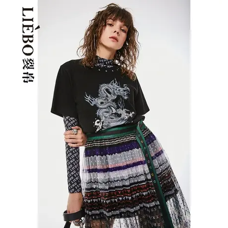 裂帛LIEBOFeng设计师品牌2023年新中式重工龙纹刺绣铆钉宽松T恤女商品大图