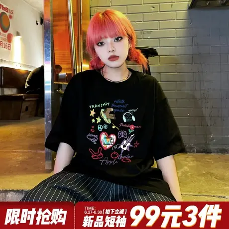 美式复古涂鸦印花黑色短袖t恤女2025夏季新款宽松大版重磅上衣潮商品大图