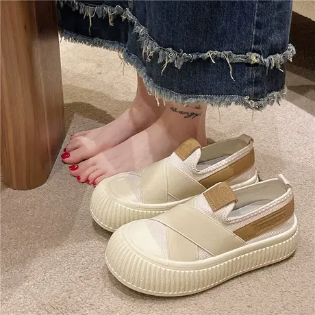 小白鞋女2023新款夏季透气鞋子饼干帆布鞋一脚蹬厚底女鞋百搭板鞋商品大图